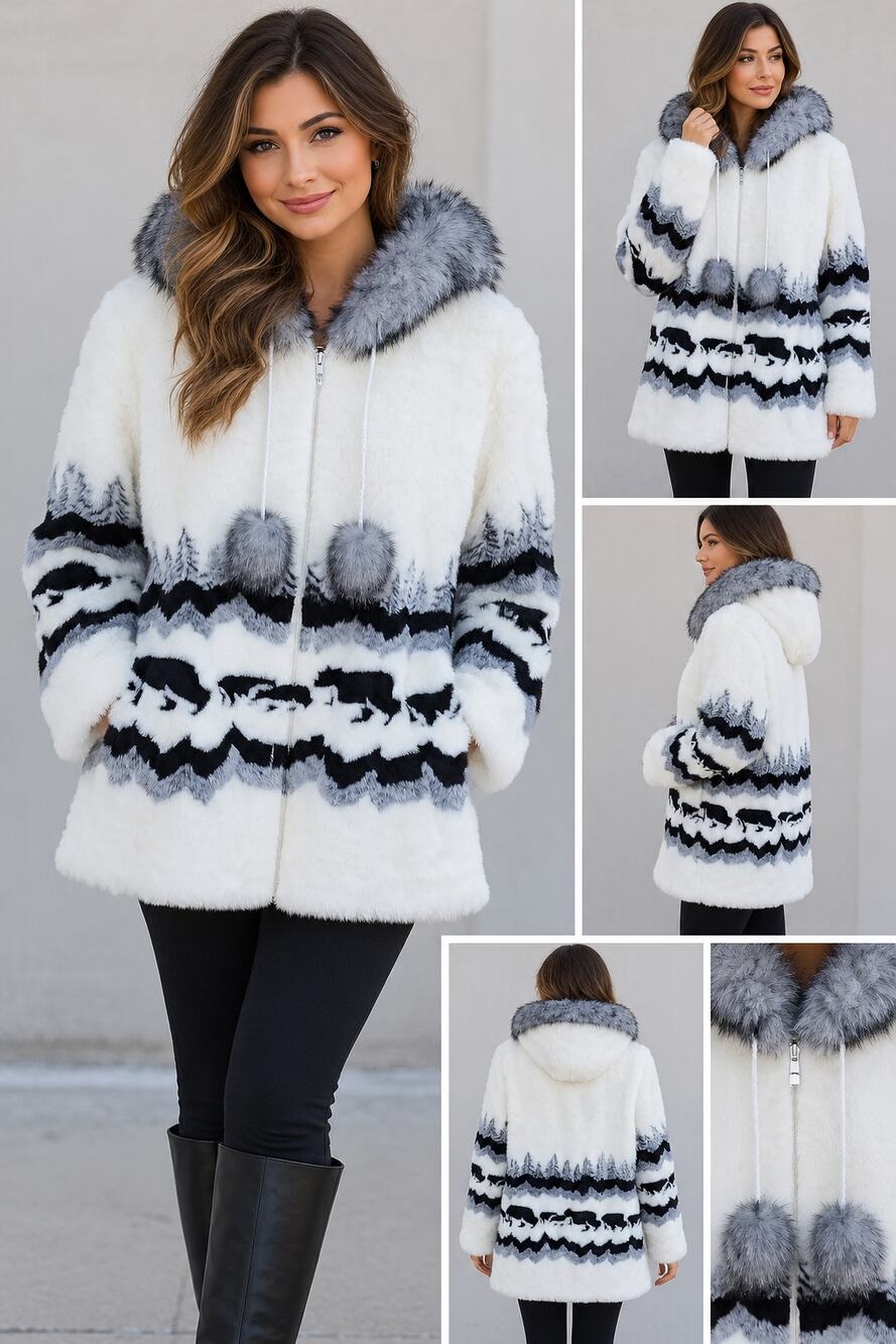Black Mountain Peak XL Faux Fur Hooded Coat Bear & Pine Tree Winter Jacket